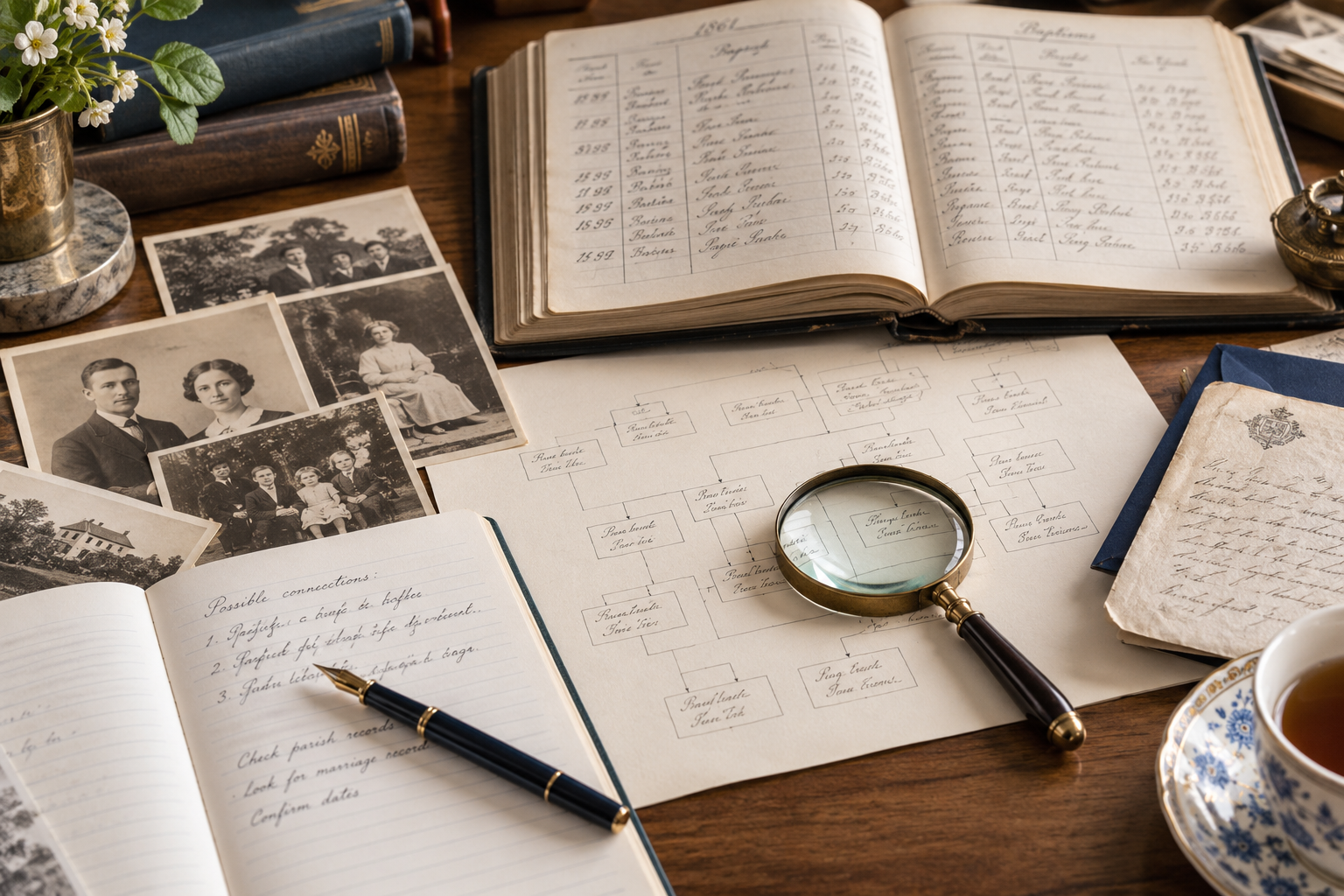 Vintage family photographs, historical records and a family tree being examined with a magnifying glass during professional genealogical research.