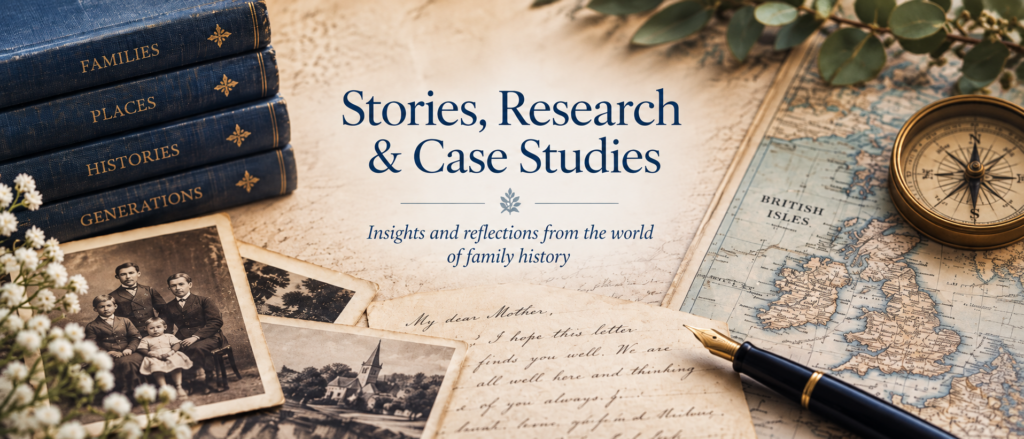 Family history banner featuring vintage photographs, old books, handwritten letters, a map of the British Isles and a compass, representing genealogical research, family stories and historical case studies.